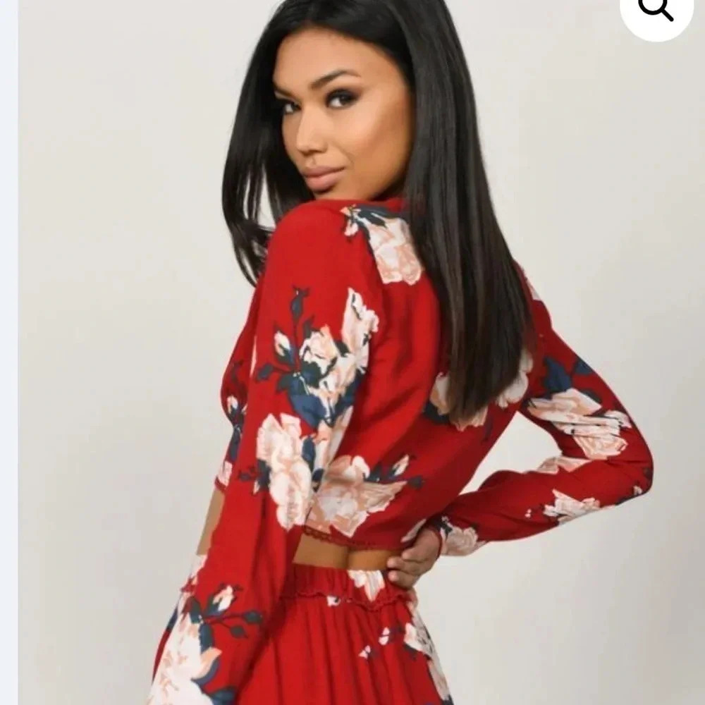 Tobi red tropical long sleeve open front cropped top